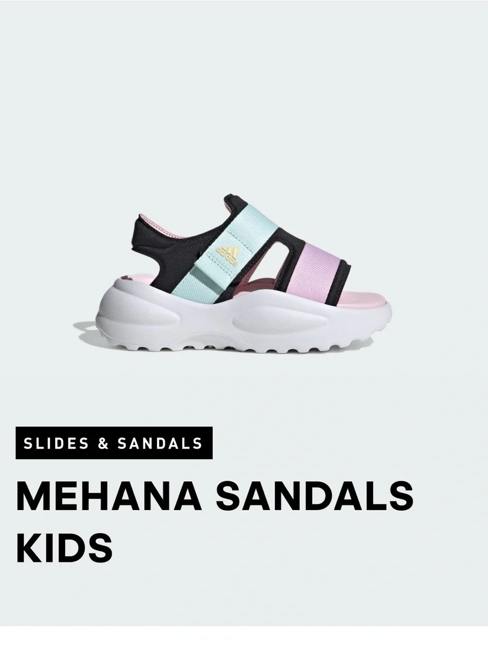 Adidas Kids Mehana Sandals Size 10k — Pink, Light Blue & Black